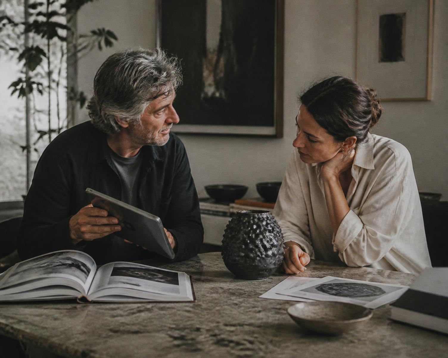 Advisor e colecionador conversando sobre a direção de uma coleção