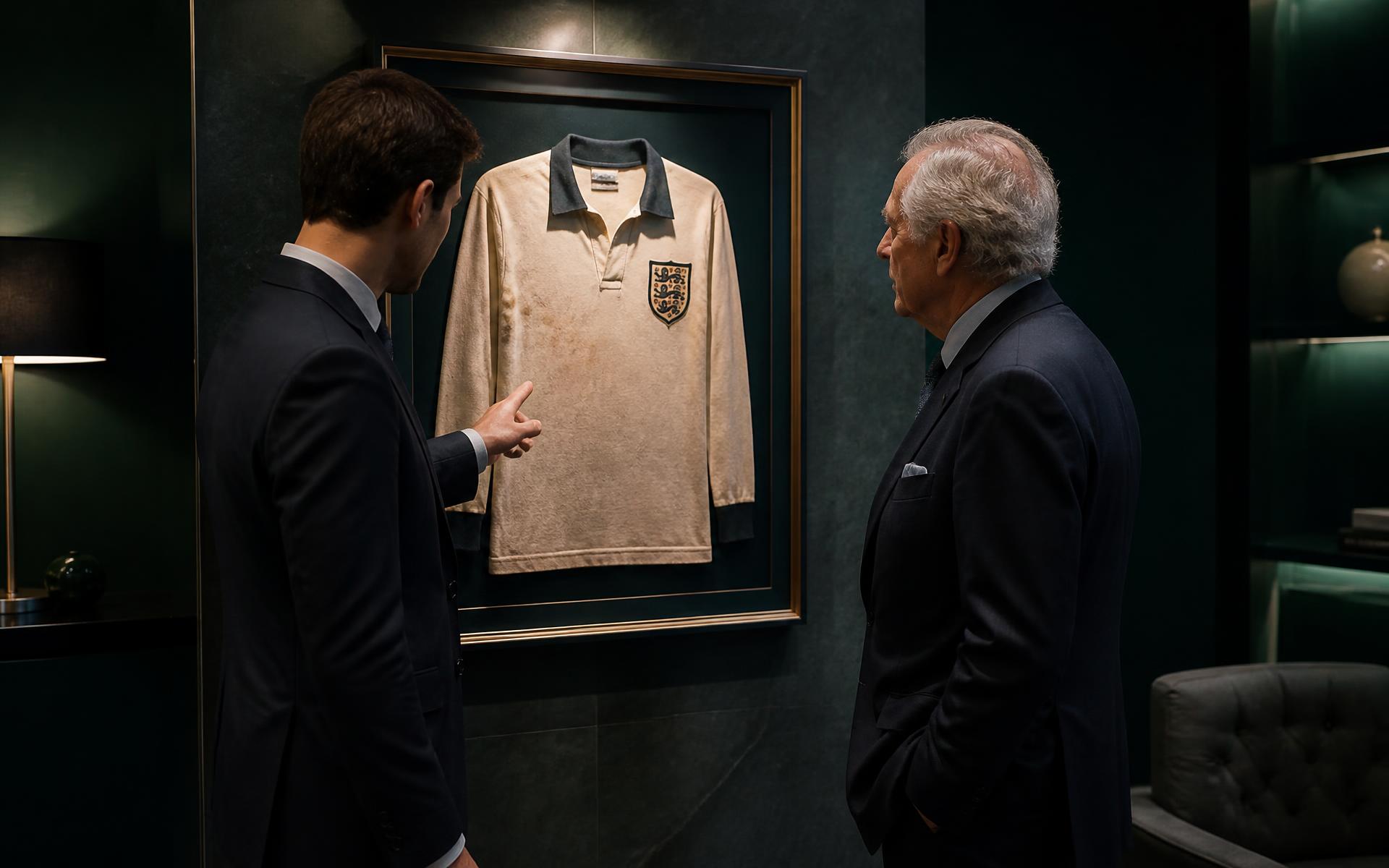Advisor da Mintmark e colecionador diante de uma camisa histórica emoldurada, em uma private viewing