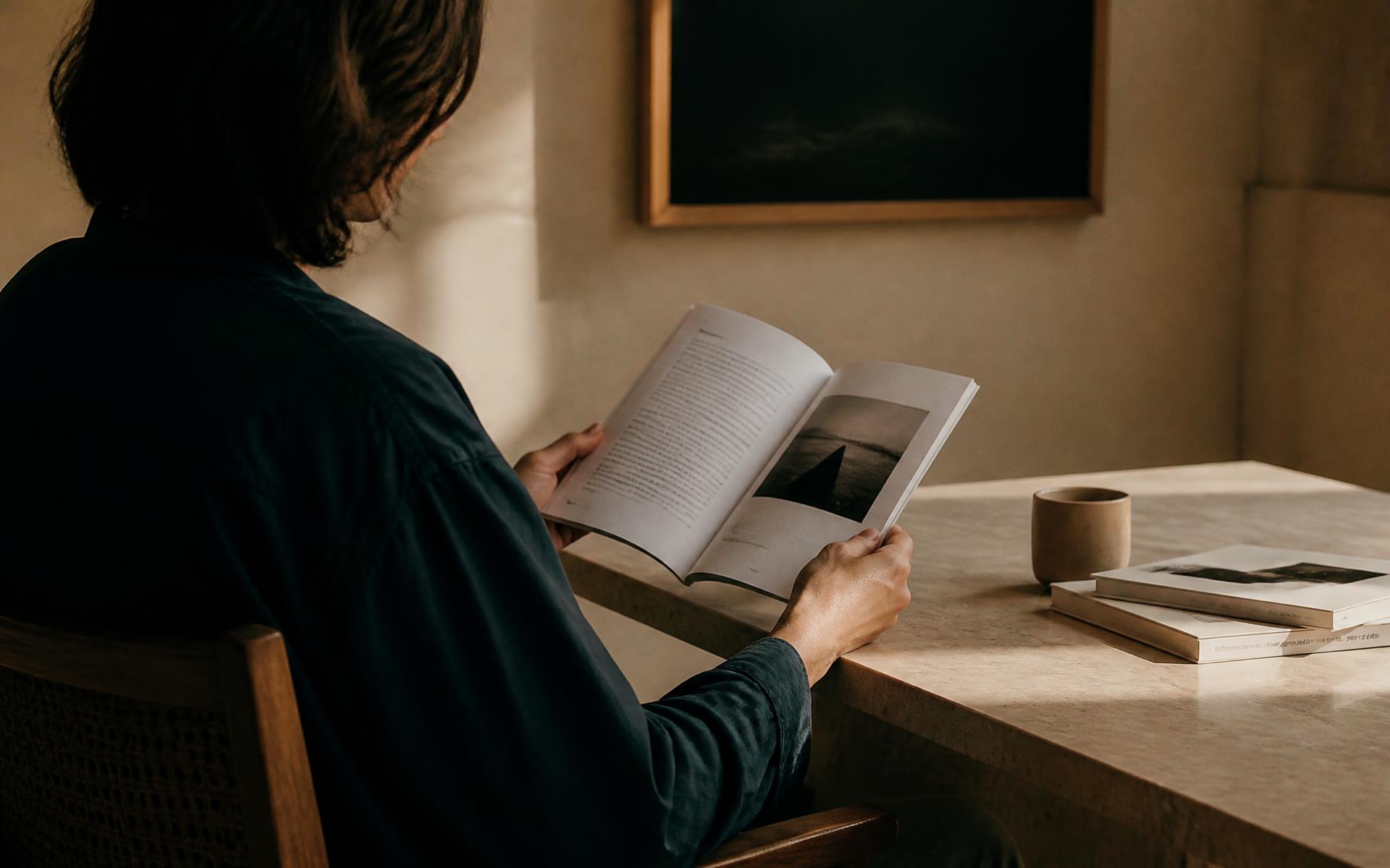 Pessoa lendo um documento impresso à mesa de pedra clara, em interior contemporâneo