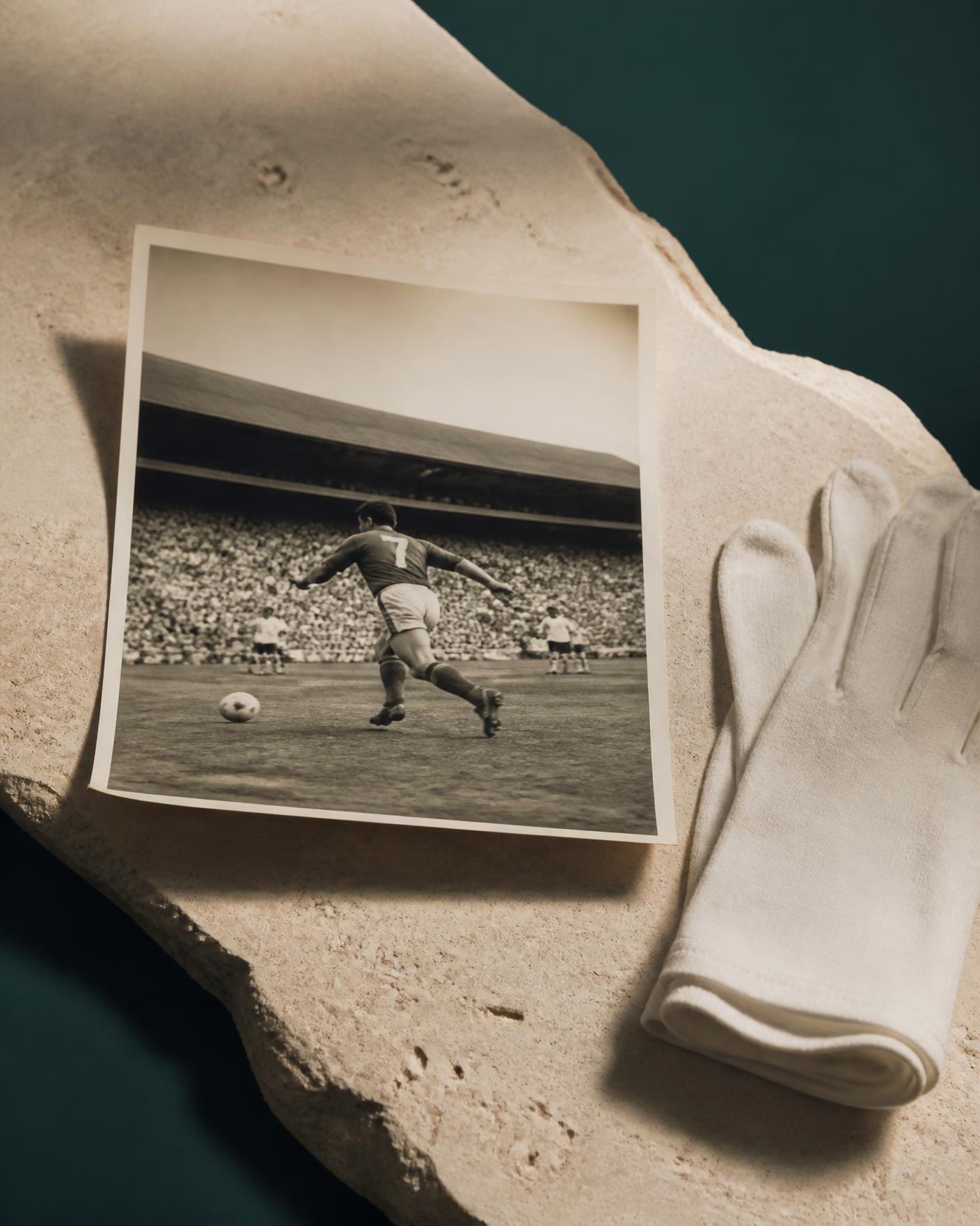 Fotografia histórica de futebol sobre pedra clara, ao lado de luvas de algodão