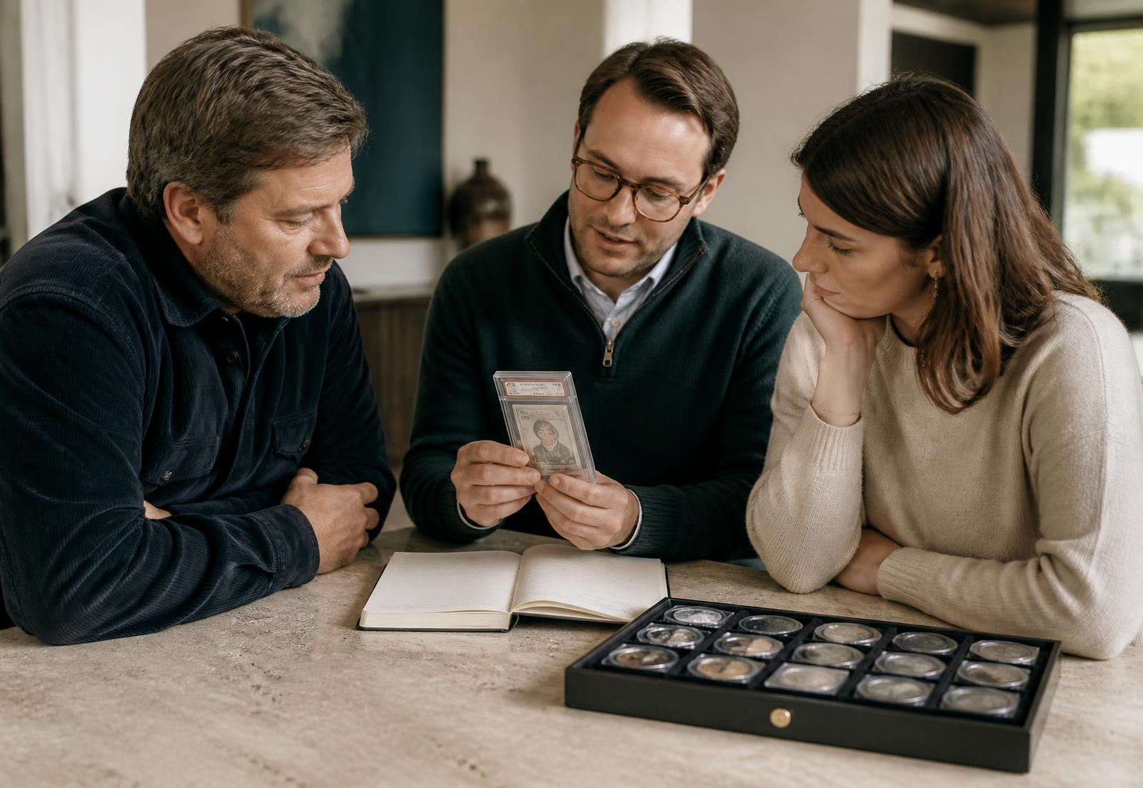 Especialista mostrando um card graduado a dois participantes sentados à mesa