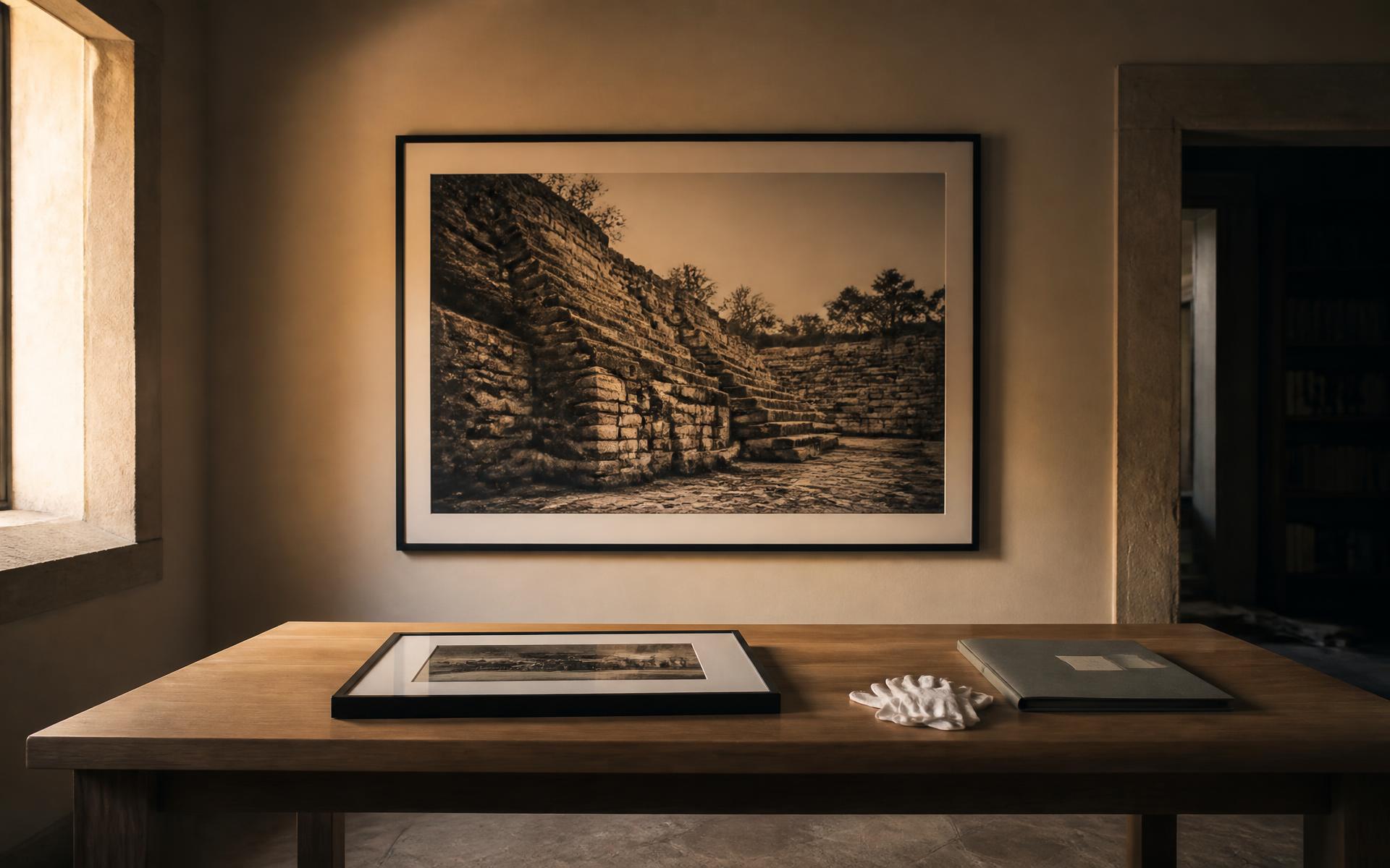 Sala privada com fotografia histórica emoldurada na parede e mesa de estudo com objeto e documentação
